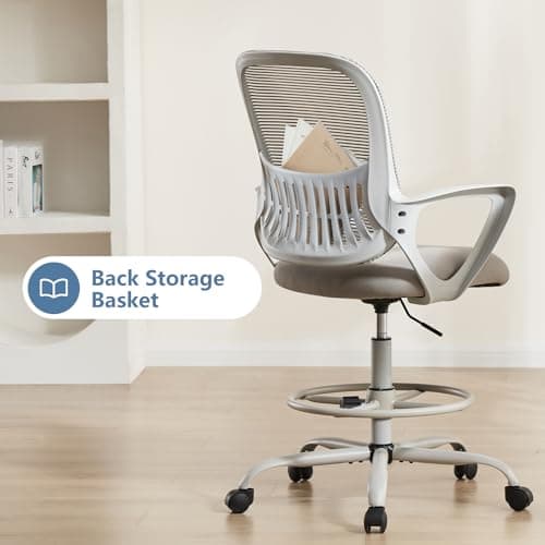 DUMOS Drafting Chair - Ergonomic Tall Office for Standing Desk, Counter with Height Adjustable and Comfortable Lumbar Support, Fixed Armrests, Grey 8