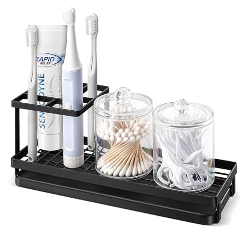 MYITYARD Toothbrush Holders for Bathrooms, 4 Slots Rustproof Metal Tooth Brushing Organizer with Drainage, Electric Tooth Brush Toothpaste Holder for Bathroom Countertop, Black