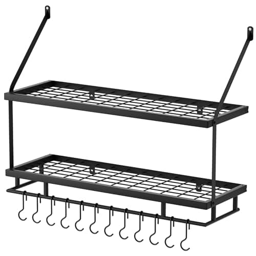 KES 30-Inch Kitchen Pot Rack - Mounted Hanging Rack for Kitchen Storage and Organization - Matte Black 2-Tier Wall Shelf with Guard Rail for Pots and Pans Organizer with 12 Hooks - KUR215S75B-BK 7