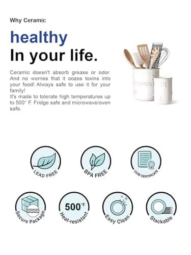 LE TAUCI Utensil Holder for Kitchen Counter - 6.9"+5.3" Ceramic Kitchen Utensil Holder Set of 2, Large Cooking Utensil Crock & Organizer for Spatula, Spoon - Embossed Kitchen Decor, White,Bee 8