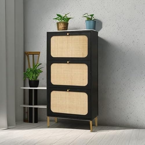 ZeHuoGe Rattan Shoe Cabinet with 3 Flip Drawers, Black 3-Tier Shoe Rack Storage Cabinet for Heels, Boots, Slippers, Free Standing Shoe Rack, Entrance Hallway Entryway (Black) 5