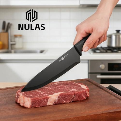 NULAS Knife Set, 8-Piece Kitchen Knife Set with Universal Block - Anti-Rust Chef Knives, Ergonomic Design, Dishwasher Safe (Black) 8