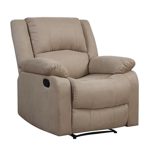 Relax-A-Lounger Warren 35.5" Manual Pull-Handle Recliner, Traditional Overstuffed, Pocket Coil Comfort, Black Metal Base Legs, Soft Microfiber Fabric, Beige