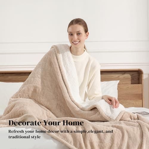 Electric Blanket Queen 84"x90" Heated Blanket Queen Size Dual Control Wheat Pattern Ultra-Soft Flannel & Thick Sherpa with 5 Heat Settings & 10H Auto Off, FCC/ETL Certified, Machine Washable, Beige 5