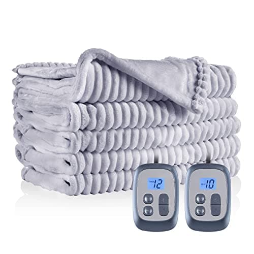 DUODUO Electric Heated Blanket Queen Size 84"x90", Softness Cozy Flannel Striple Fabric, Fast Heating with 10 Heating Levels 12 Hours Auto-Off for Bedding Homeuse - Light Gray