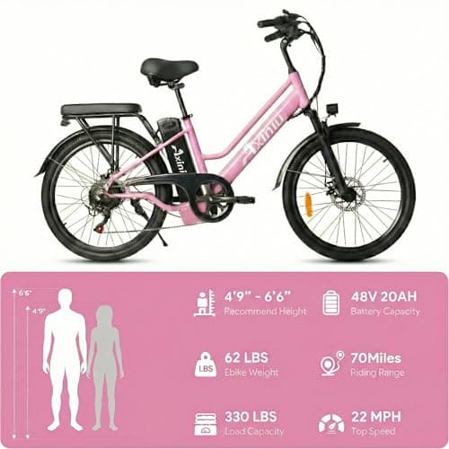 Axiniu 24 Inch Electric Bike for Adults, Step Through Ebike for Women, Peak 1000W Motor 22MPH, 48V 20AH Removable Battery Up to 70 Miles, 7 Speed Dual Shock Absorber, City Cruiser Commuter Bicycle 8