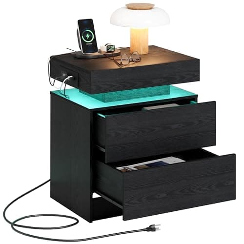 LIKIMIO Night Stand with Charging Station, Modern Black Nightstand with LED Light and Drawers, Bedside Tables/End Table for Bedroom 8