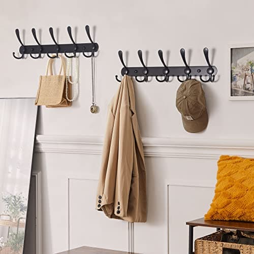 Dseap Coat Rack Wall Mounted - 5 Tri Hooks, Heavy Duty, Stainless Steel, Metal Coat Hook Rail for Coat Hat Towel Purse Robes Mudroom Bathroom Entryway (Black, 2 Packs) 5