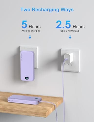 Portable Charger with Wall Plug, 10000mAh USB C Power Bank Fast Charging, External Battery Pack with Built in Cables, Digital Display, 5 Output 4 Input for iPhone Android Cell Phone Tablet 6