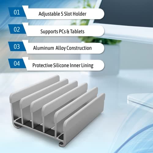 Elestoria 5-Slot Vertical Laptop Stand - Aluminum Laptop Stand Vertical for Desk -Laptop Holder with Adjustable Width (12-38mm) Compatible with MacBook Pro/Air & Gaming Laptops up to 17.3"-Grey 9