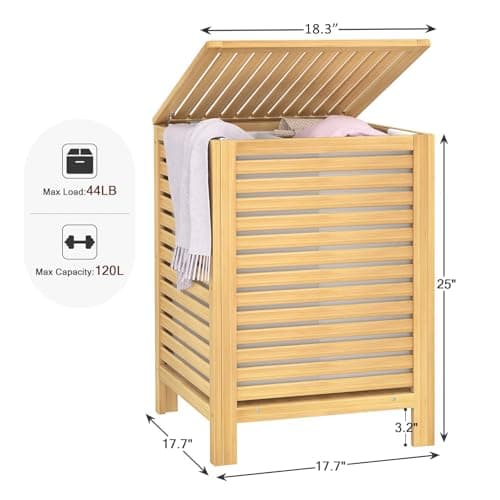 Homykic Bamboo Laundry Hamper with Lid, 120L Large Clothes Laundry Sorter with Removable 2-Section Liner Bag, Raised Laundry Basket Organizer for Clothing, Bathroom, Bedroom, Laundry Room, Natural 5