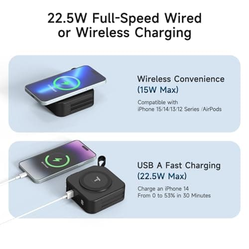 Powerpack Universal 5 in 1 Travel Power Bank - for Magsafe Battery Pack,10000mAh Power Bank with Built in Cable - Wireless Portable Charger for iPhone 15/15 Pro/ProMax, iPhone 14/13/12 Series 5