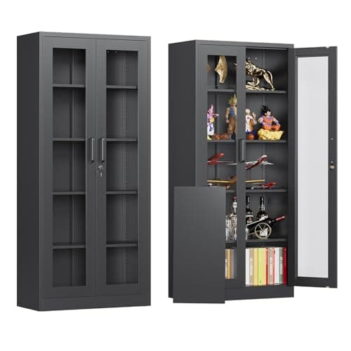 AFAIF Locking Display Cabinet with Glass Door, 71”H Metal Curio Cabinets with Adjustable Shelves, Black Liquor Caninet Display Case for Living Room, Collectibles, Clinic, Home - Assembly Required