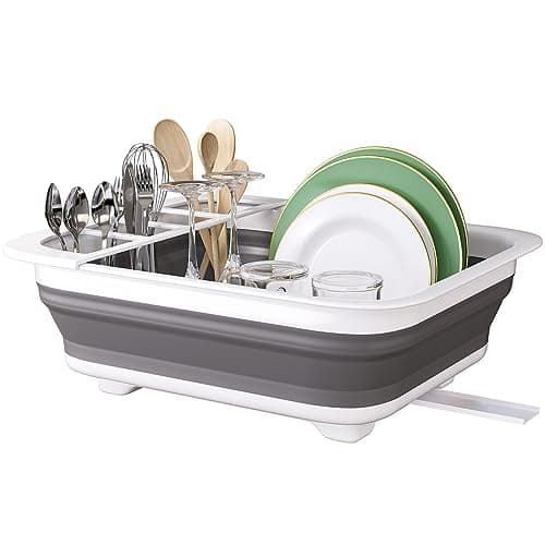 Otiyer Collapsible Dish Drying Rack with Storage Tray - Space Saving Foldable Drainer for Kitchen,RV,Camping | BPA-Free PP+TPR Material | Organizer for Utensils,Cups,Baby Bottles (14.4"x12.2",Gray)