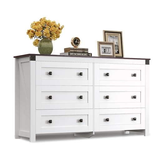 WLIVE Farmhouse 6 Drawer Dresser for Bedroom, 53.07'' Wide Wood Dresser, White Dressers Storage Organizer with Double Rustic Handle, TV Stand for 60 inch TV, Chest of Drawers for Living Room, Hallway