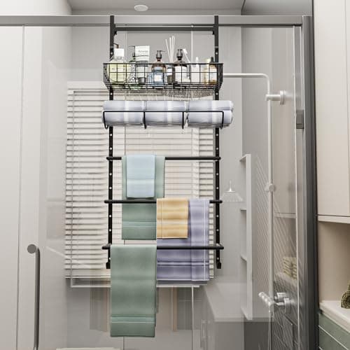 X-cosrack Adjustable Towel Racks for Bathroom Door Hanging, 5 Tiers Over The Door Towel Rack with Hooks, Bathroom Towel Holder Wall Mount for organizing Towels，Clothes 9