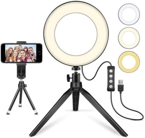 LED Ring Light 6" with Tripod Stand for Desk YouTube Video and Makeup, Mini Camera Light with Cell Phone Holder Desktop LED Lamp with 3 Light Modes & 11 Brightness Level (6 inch)