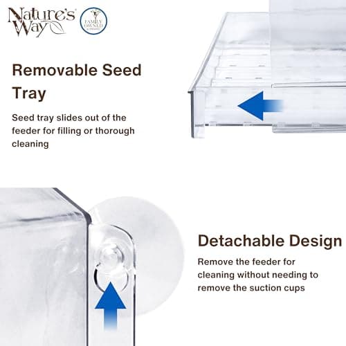Nature's Way Win-3 Clear View Window Bird Feeder with Strong Suction Cups, Transparent Outdoor Wild Bird Seed Feeder and Décor, 2 Cup Capacity, Clear, 6.5" 5