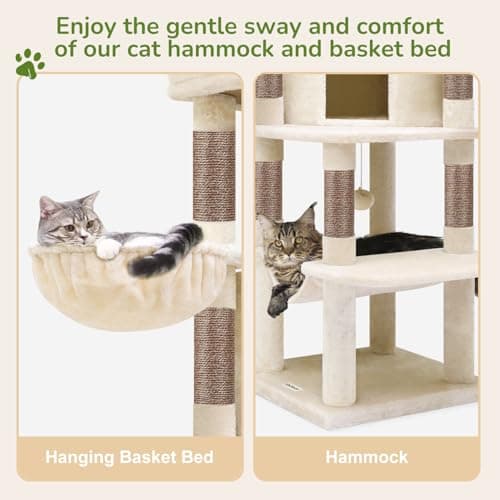 Globlazer Corner Cat Tree, 51in Curved Series Modern Cat Tower for Indoor Cats with Hammock, 7 Sisal Scratching Posts, Large Fan-Shaped Platform for Large Cats, Cat Condo & Hanging Basket, C51, Beige​ 5