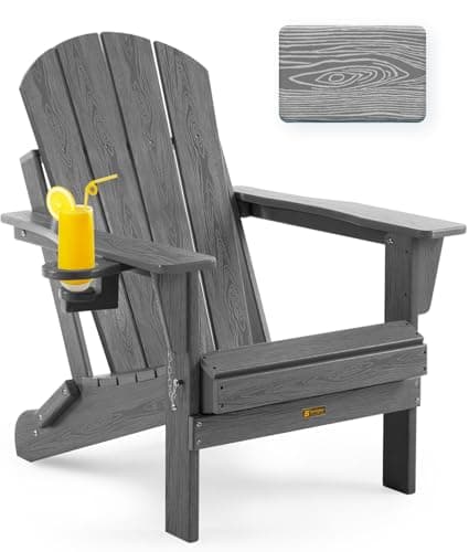 Serique Folding Adirondack Chair Wood Texture, Patio Chairs Weather Resistant, Outdoor Chair, Lawn Chair with Cup Holder, Fire Pit Chair for Deck, Outdoor, Porch, Backyard (Grey)
