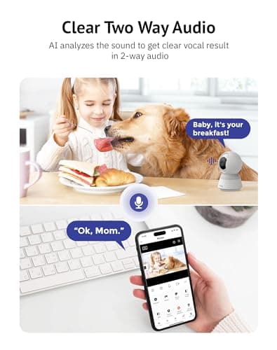 Hugolog 3K 5MP Indoor Pan/Tilt Security Camera with Auto-Focus,Ideal for Baby Monitor/Pet Camera/Home Security,Starlight Color Night Vision,Human/Pet AI,Noise Reduction,US Cloud,Works with Alexa 8