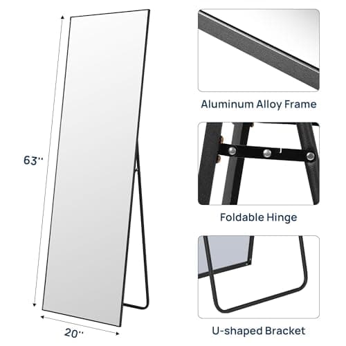 ENJOYBASICS 63"x20" Full Length Mirror with Stand, Large Body Mirror for Wall or Floor, Aluminum Alloy Frame, for Bedroom, Living Room, Dressing Room, Black 8