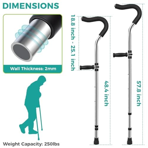 Crutch for Adults, Ergonomic Underarm Crutch with Spring Shock Absorber, Adjustable Crutches with Ergonomic Handgrips, Underarm Walking Crutches, Sturdy, Premium, Suitable for Height 5'3"- 6'6" 7