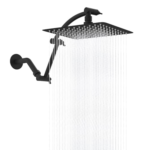 Hibbent All Metal cUPC Certified Rain Shower Head, 10'' High Pressure Rainfall Showerhead with 16" Shower Head Extension Arm, Solid Brass Adjustable Shower Arm Extender, fixed Showerheads, Matte Black
