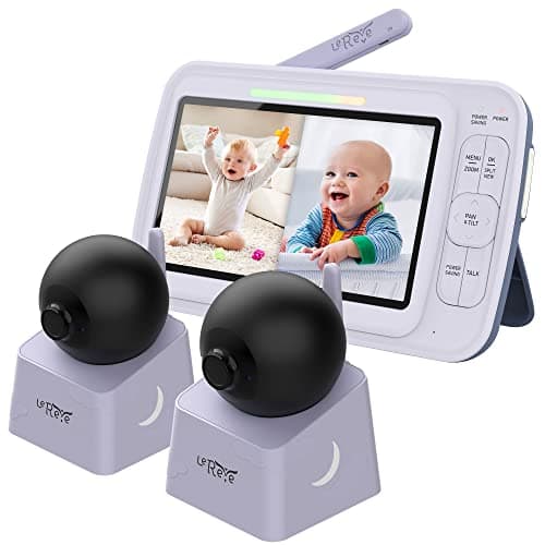 LEREVE Low EMF 5" HD Baby Monitor with 2 Cameras, Auto Noise Reduce, No WiFi, PTZ Camera, Split Screen, Long Range, Lullaby, 2-Way Audio