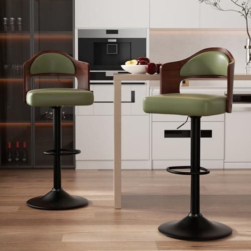 Nalupatio Modern Swivel Bar Stools Set of 2, Wooden Upholstered PU Leather Barstools with Back & Footrest, Counter Height Bar Chairs for Kitchen Island, Green