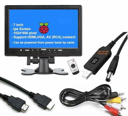7 inch Small HDMI VGA AV RCA Monitor 1080P Second Screen for PC/Security System/Game Console; IPS 1024X600 Pixels; 60HZ; Built in Loud Speakers & Earphone Jack; 12V USB Power Cable for Portable Use