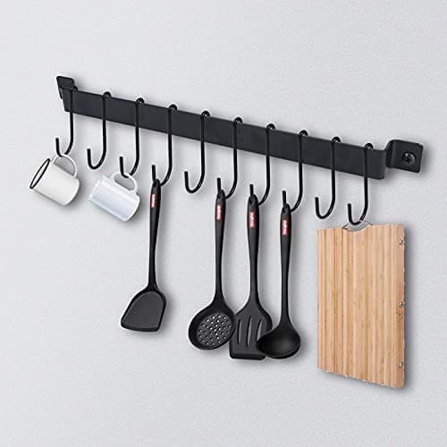 Joben Oligey Utensil Holder, Kitchen Rail With 10 Hooks, Pots and Pans Organizer Hanger, Wall Mounted Wrought Iron Hanging Black 17 Inch for Coffee Mug Rack Cup Hanging, Set of 2 7