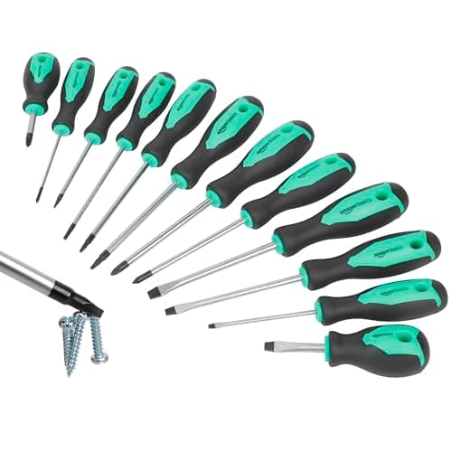 Amazon Basics Magnetic Screwdrivers Set, 12-Piece, Phillips, Slotted, Torx, Square, and Stubby with Non-Slip Handle, Hand Tools Set, Turquoise