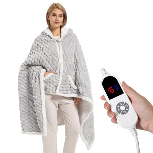 Electric Blanket Heated Throw, Soft Flannel & Sherpa Wearable Heated Blanket Hoodie, Heated Shawl Wraps for Gift with 6 Heating Levels & 12H Auto Off, ETL Certified, Home Office 40x70 Inch, Grey Plaid