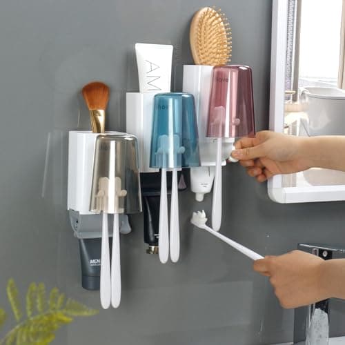 iHave Toothbrush Holders and Toothpaste Squeezer Set - Wall Mounted Bathroom Accessories with 3 Cups Toothbrush Holder and Toothpaste Dispenser