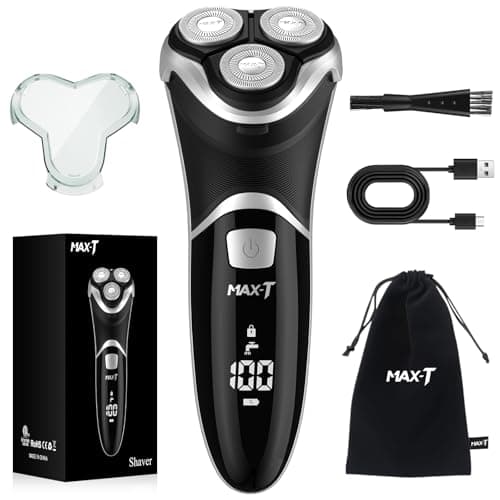 MAX-T Men's Electric Shaver - Corded and Cordless Rechargeable 3D Rotary Shaver Razor for Men with Pop-up Sideburn Trimmer Wet and Dry Painless 100-240V Black (Metal Black)