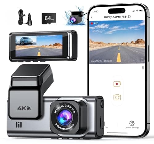 ODREY A2 Pro Dash Cam Front and Rear, 4K + 2.5K Dual Recording, 5G WiFi Car Camera with IMX335 Sensor, Night Vision, G-Sensor, Loop Recording, Parking Mode, 64GB Card Included
