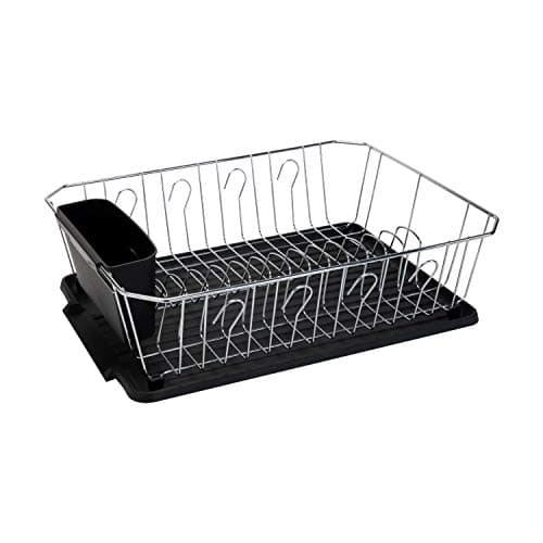 Kitchen Details 3 Piece Dish Rack | Drying Rack, Cutlery Basket & Drainboard Tray | Countertop | Self Draining | Open Wire Design | Chrome | Black