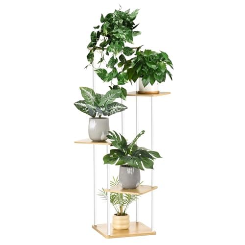 GLOKUUCA 5 Tier Plant Stand Indoor Outdoor, Wood Metal Corner Shelf, Multiple Flower Pot Rack Holder Shelves, Planter Shelf Display Storage Organizer for Patio Living Room Balcony (White)