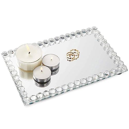 Rectangular Mirror Tray Crystal with Bead Diamond Shape Trim for Bathroom Vanity, Decorative Serving Tray for Coffee Table, Home Decor, Candles, Jewelry (9x6x1 in)