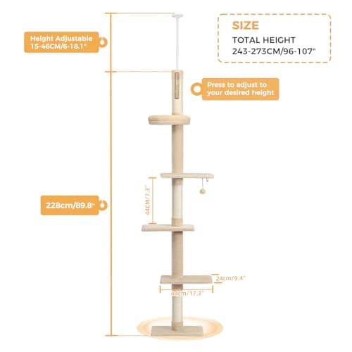 PETEPELA Floor to Ceiling Cat Tree, Cat Tower 5-Tier Height(95-107 Inches) Adjustable, Tall Cat Climbing Tree Featuring with Scratching Post, Cozy Bed,Interactive Ball Toy for Indoor Cats/Kitten Beige 6