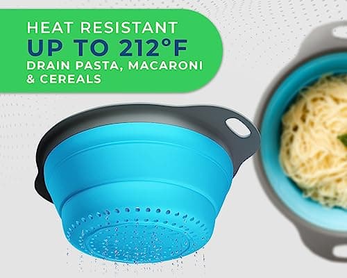 Ultimate Kitchen Strainers Set of 2 - Collapsible Silicone Colanders for Easy Storage by Comfify - Use with Pasta & Veggies or as a Fruit or Berry Bowl with Strainer - Irreplaceable for Campers - Blue 7