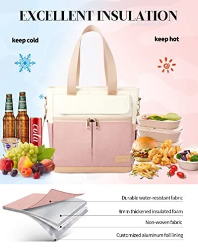 JOYHILL Lunch Bag for Women, Lunch Tote Leakproof Insulated Lunch Box with Shoulder Strap, Adult Reusable Lunch Cooler Tote Bags for Work Picnic Camping Beach (A-PINK) 4