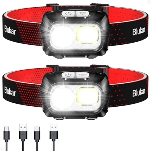 Blukar LED Headlamp Rechargeable,2000L Super Bright Headlight with Motion Sensor -Dimmable Brightness,8 Modes,Spotlight&Floodlight&Red Light Combination,IPX5 Waterproof for Hiking,Camping - 2 Pack