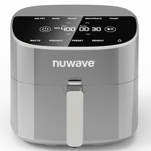 Nuwave Brio Plus 8 Qt Air Fryer, PFAS Free, New & Improved, Digital Touch Screen, Cool White Display, 50°F~400°F in Precise 5°, 5 Cook Functions, 100 Presets & 50 Memory, 3 Wattages 700, 1500, 1800