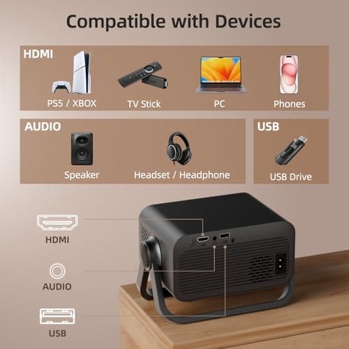 BKZ 2026 pgraded 360°Adjustable Dual Stand AI Auto Keystone Electric Focus Mini Portable Projector with Bluetooth 5.4, 1080P support Outdoor movie Projector compatible with HDMI/USB/Phone (Black) 7