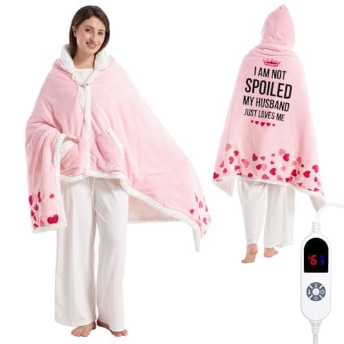 Wearable Heated Blanket Hoodie for Women, Valentines Day Gifts for Her Wife Women, Electric Throw Blanket, Heated Shawl Wraps Poncho, Mothers Day Birthday Anniversary Day Gift, Spoiled Wife Pink