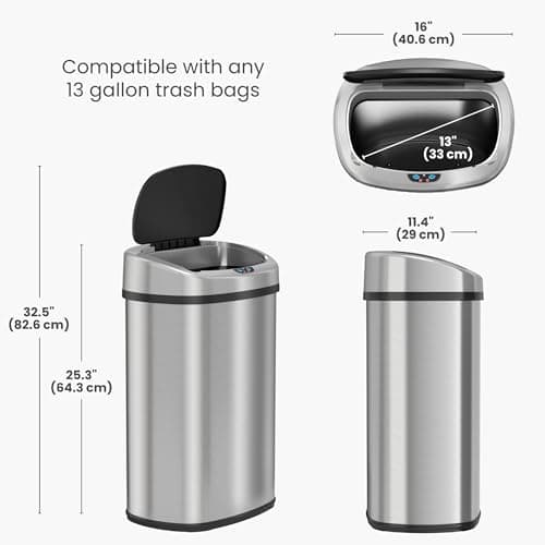 iTouchless 13 Gallon Oval Sensor Trash Can with Odor Filter, 50 Liter Automatic Kitchen Garbage Bin, Fingerprint-Proof Stainless Steel, Smart Hands-Free Motion Lid, Quiet Soft-Close, Brushed Silver 7
