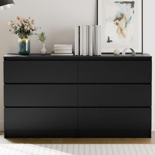 Cozy Castle 52'' Black Dresser for Bedroom, Modern 6 Drawer Dresser, Wood Chest of Drawers with Deep Drawers, Wide Storage Cabinet for Living Room, Hallway Entryway 7