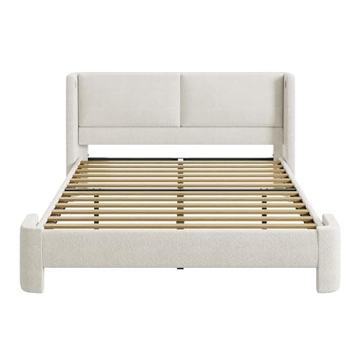 LIKIMIO Full Bed Frame with Headboard, Upholstered Boucle Platform Bed with USB Ports, Base Camas Full No Box Spring Needed, Cream White 9